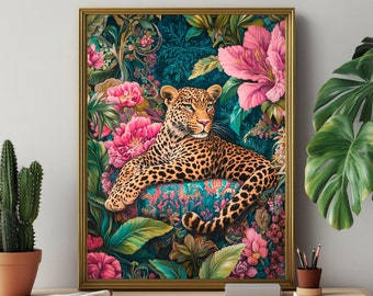Leopard Jungle Art Print: Exotic Floral Wildlife Painting (Digital Download)