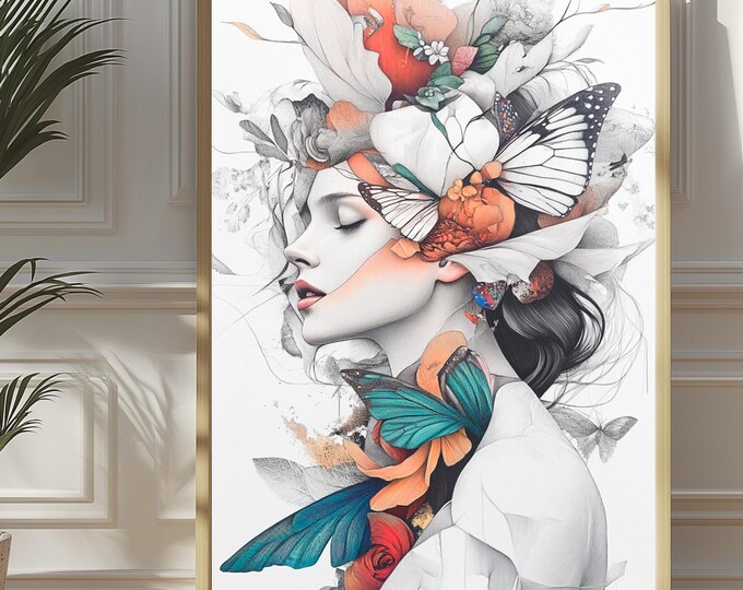 Woman Floral Head Art, Butterfly Art Decore, Ethereal Decore, Surreal Portrait, Instant Download