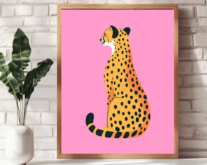 Cute Leopard Nursery Art Printable | Pink Jungle Animal Wall Art | Modern Safari Kids Room Print | Minimalist Animal Illustration Poster