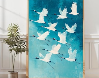 Minimalist Crane Print: Japanese Flying Birds, Blue Abstract Art (Digital Download)