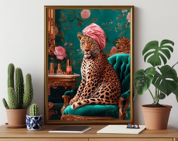 Leopard Lounging on a Luxury Sofa, Boho Safari Animal Decor, Maximalist Jungle Art, Turban Art, Download Poster