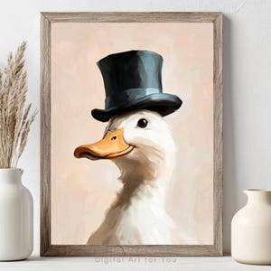 Impresión artística de ganso de granja, sombreros de ganso divertidos, arte mural de animales antropomórficos, imprimible