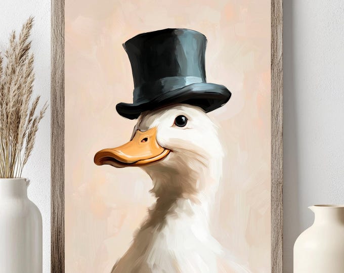 Farm Goose Art Print, Silly Goose Hats, Anthropomorphic Animal Wall Art, Printable