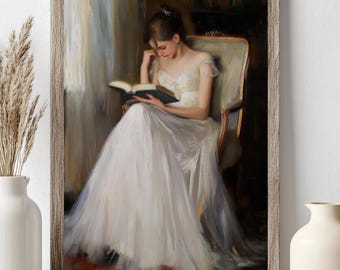 May include: A woman in a white dress sits in a chair and reads a book. The room is dimly lit and the woman's face is partially obscured by the book.
