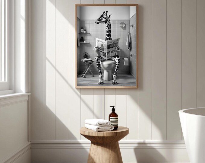 Funny Bathroom Wall Art | Giraffe on Toilet Print | Quirky Animal Wall Decor | Funny Housewarming Gift Printable | Instant Download