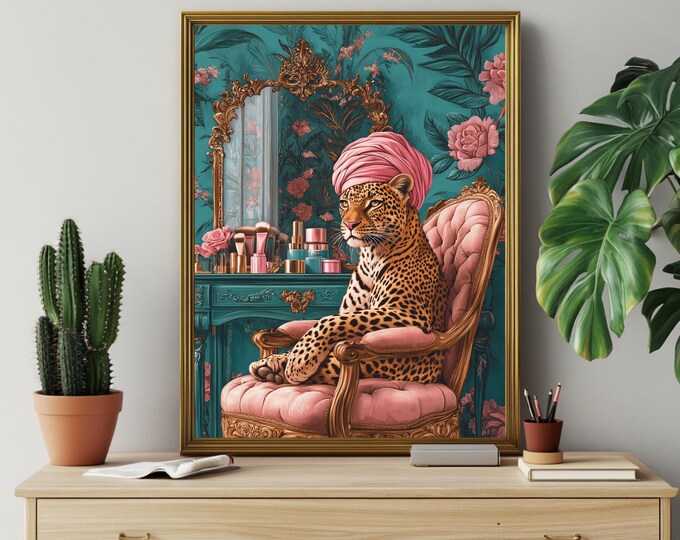 Glamorous Leopard at a Salon, Leopard in a Hair Towel Art Print, Beauty & Decor Illustration, Instant Download Digital Prints