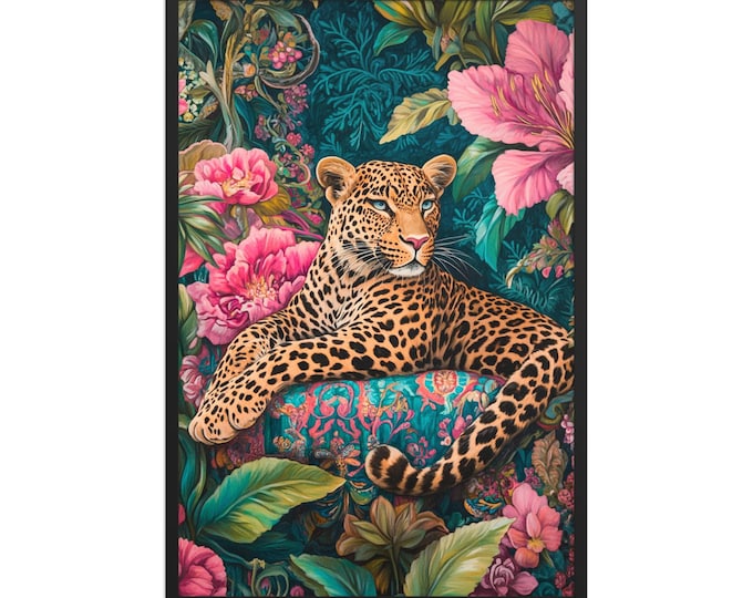 Leopard Botanical Art Print - Exotic Animal Wall Decor, Jungle Print, Floral Wildlife Painting, FP13
