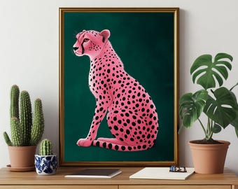Pink Cheetah Art Print: Teal Background, Eclectic Animal Decor (Digital Download)