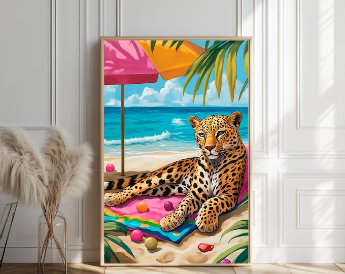 Coastal Granddaughter Wall Art | Vibrant Beach House Decor | Leopard Print Wall Art | Dopamine Decor Art Print | Instant Download