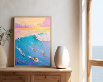 Sunset Surf Art Print: Coastal Waves, Modern Beach Decor (Digital Download)