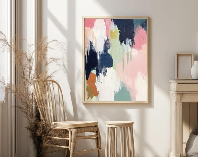 Pastel Abstract Wall Art Printable | Boho Blush Navy Digital Download | Modern Pastel Office Decor Print | Minimalist Brush Stroke Poster