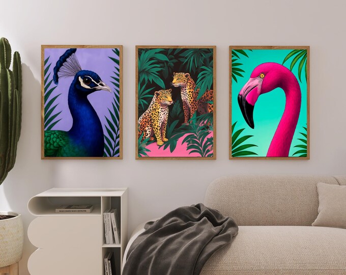 Tropical Animal Wall Art Set | Flamingo Leopard Peacock Prints | Colorful Boho Jungle Decor | Printable Gallery Wall Download