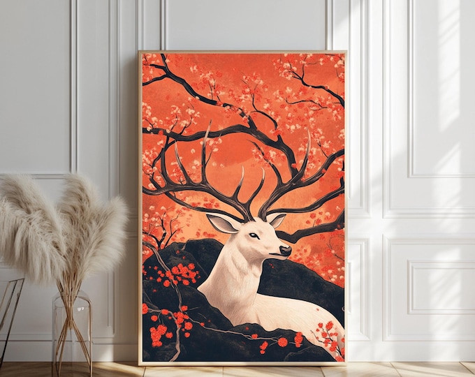 Cherry Blossom Deer Wall Art | Sakura Deer Printable Poster | Japanese Woodland Decor | Cottagecore Digital Download