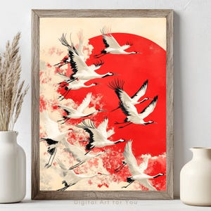 Japanese Crane Print: Red Sun Ukiyo-e Style Art (Digital Download)