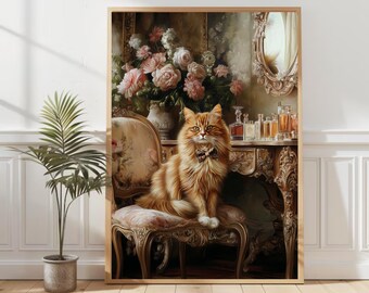 May include: A ginger cat wearing a black bow tie sits on a vintage chair in a room with a floral arrangement, a vanity table, and a mirror. The room is decorated in a classic style with ornate furniture and gold accents.