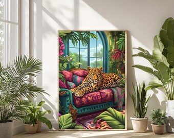 Leopard Conservatory Art Print: Boho Jungle Animal Decor (Digital Download)