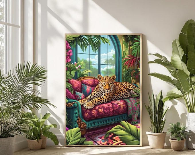 Boho Jungle Leopard Wall Art Printable | Tropical Safari Nursery Print | Maximalist Animal Decor Download | Luxury Jungle Wall Poster