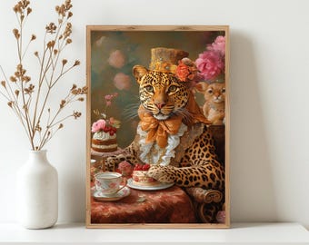 Vintage Leopard Tea Party Portrait Print: Whimsical Animal Wall Art (Digital Download