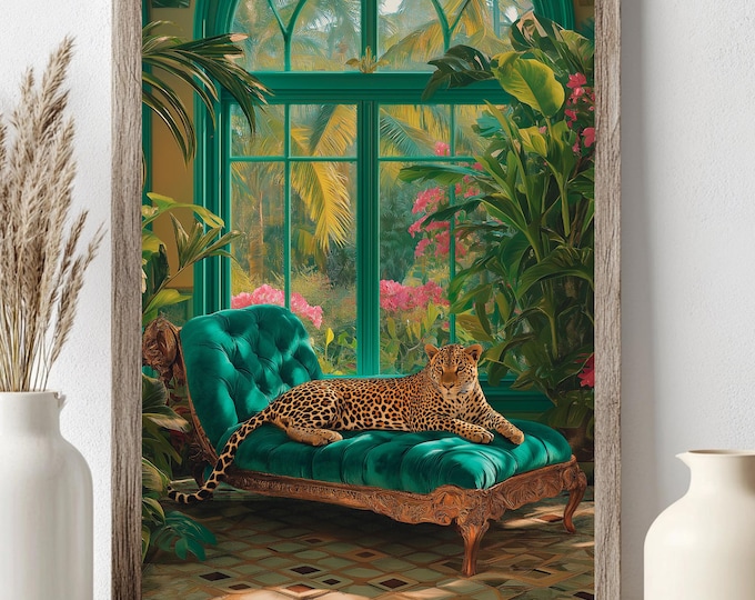 Maximalist Wall Art, Leopard Botanical Art Print, Tropical Safari Bathroom Prints, Jungle Print, Instant Download Digital Prints