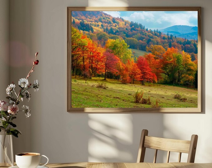 Autumn Landscape Printable Art | Fall Foliage Mountain Wall Decor | Cottagecore Forest Digital Download Poster | Instant Fall Print