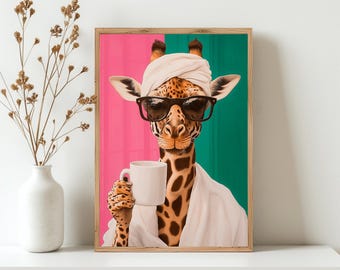 Giraffe Coffee Art Print: Funny Anthropomorphic Animal in Sunglasses (Digital Download