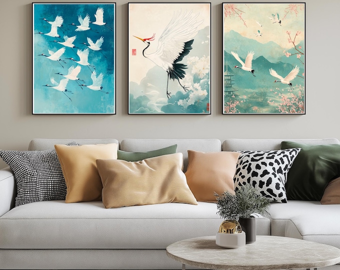Crane Wall Art Set of 3, Asian Decor Prints, Japandi Wall Set, Gallery Wall Set Decor, Digital Download