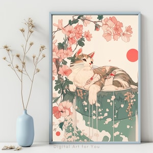 Japanese Cat Print: Cherry Blossom Wall Art (Digital Download)