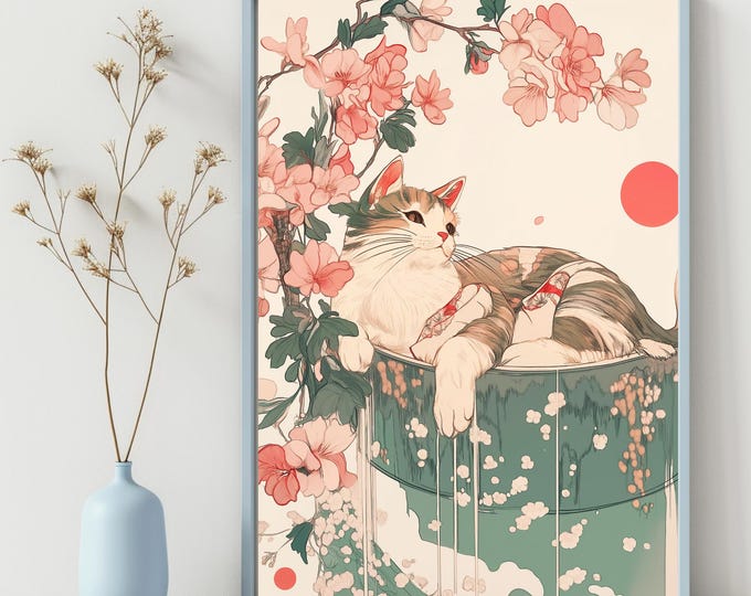 Cat in bathtub, Japanese bathroom decor, Japan art print, Aesthetic wall art, Neutral minimalist poster