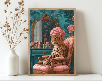 Affiche Glam Leopard pour salon de beauté | Décoration coiffeuse turquoise, rose et or (Téléchargement numérique)