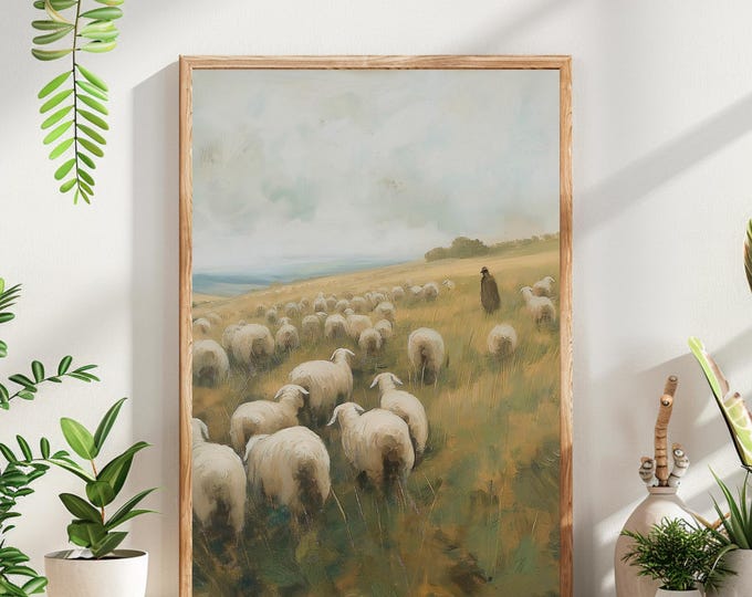 Antique Sheep Painting, Vintage Landscape Print, Farmhouse Wall Decor, Instant Download