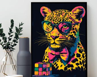Geek Chic Leopard Art Print: Rubik's Cube, Bow Tie (Digital Download)
