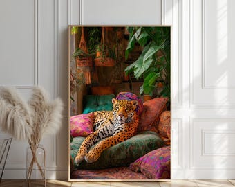 Bohemian Wall Decor, Jaguar Art, AI Art, Tropical Artwork, Instant Download Digital Print