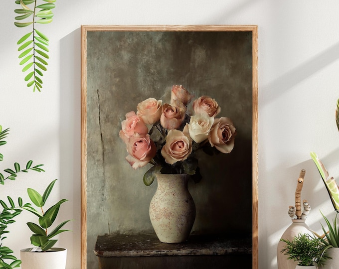 Still Life Floral Print, Rose Flower Painting, Vintage Botanical Wall Art, Instant Download Digital Prints