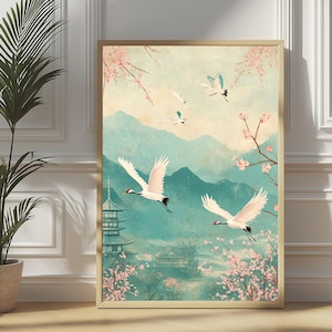 Japanese Cherry Blossom Art Print: Pagoda Crane Zen Landscape (Digital Download