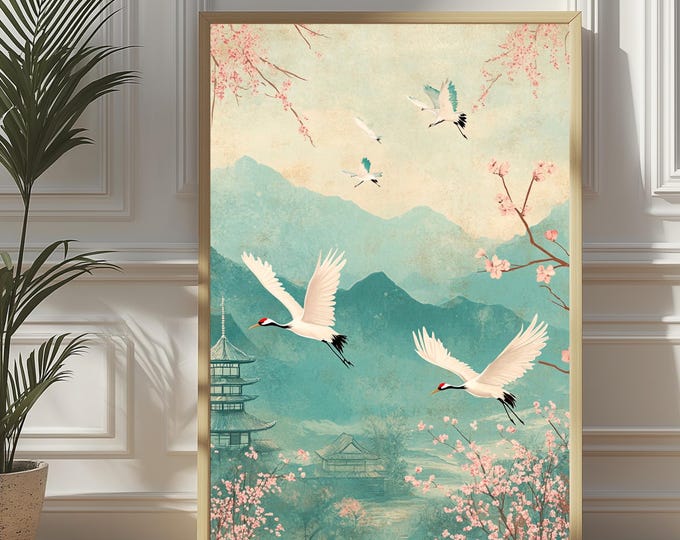 Flying Cranes, Art Prints Cherry Blossoms, Cherry blossom Wall decor, Digital Downloads