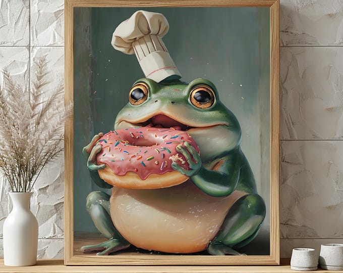Frog Wall Art Poster, Funny Animal Wall Decoration, Art Print Chef Gift, Whimsical Kitchen Art, Instant Download Digital Prints