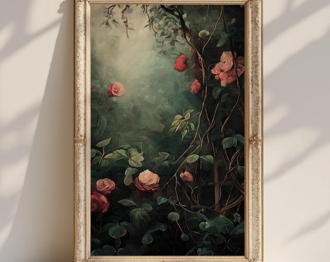 Dark Floral Wall Art Printable | Moody Botanical Art Download | Vintage Rose Painting Poster Digital | Cottagecore Gothic Decor Print