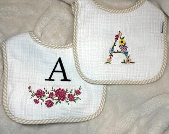 Floral Bib, Personalized Neutral Baby Bib, Embroidered Bib, Monogrammed Bib, Custom Baby Bib, Muslin Bib, Baby Girl Bib, Baby Shower gift