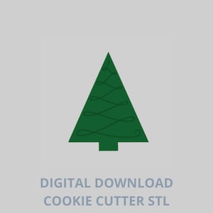 Puede incluir: Un diseño de árbol de Navidad verde con un patrón de remolino decorativo. La imagen incluye el texto "DESCARGA DIGITAL CORTADOR DE GALLETAS STL" en azul claro, sobre un fondo gris claro. Adecuado para manualidades temáticas navideñas.