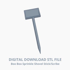 May include: A light gray shovel-shaped tool with a rectangular top and a long, pointed handle. The text "DIGITAL DOWNLOAD STL FILE" and "Boo Boo Sprinkle Shovel Stick/Scribe" are printed below the tool.