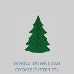 Puede incluir: Un diseño de cortador de galletas de árbol de Navidad verde oscuro. La imagen incluye el texto "DESCARGA DIGITAL COOKIE CUTTER STL". El árbol es de color verde oscuro y tiene un diseño detallado.