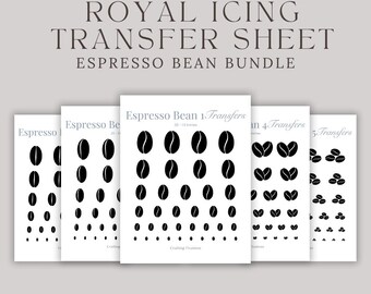 May include: A collection of printable Royal Icing Transfer Sheets featuring espresso bean designs. The sheets include various sizes, ranging from 0.25 to 1.5 inches, and offer 5 different designs. The text on the sheets reads "Espresso Bean Bundle".
