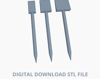 May include: Three gray scraper sticks with square tops and pointed ends are displayed against a white background. The text "DIGITAL DOWNLOAD STL FILE" and "Boo Boo Scraper Stick/Scribe" are printed below the objects.