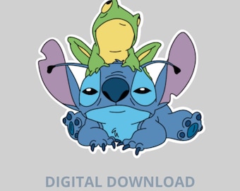 May include: A digital download image of a blue cartoon character with large ears, and a small green frog character on top. The image has the text "DIGITAL DOWNLOAD COOKIE CUTTER STL" at the bottom.