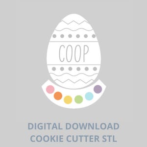 以下が含まれることがあります： 「COOP」と書いてある白いイースターエッグのデジタルダウンロード可能なクッキーカッターSTLファイルです。卵は波状の線と点で飾られています。画像には、カラフルな円が並んでいます。