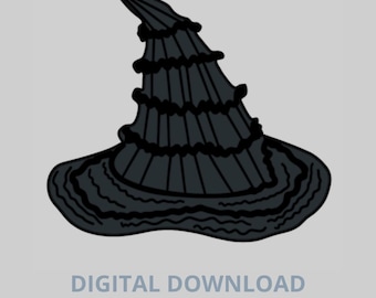 May include: A black witch hat cookie cutter design. The hat has a wide brim and a tall, pointed crown with layered ruffles. The text "DIGITAL DOWNLOAD COOKIE CUTTER STL" is below the hat.