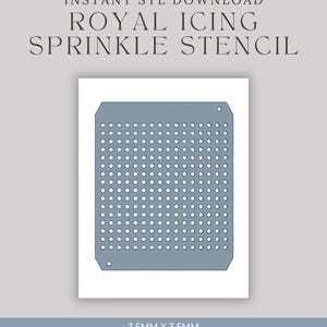Könnte beinhalten: Eine hellblaue Schablonen-Streuselvorlage mit einem Raster aus kleinen weißen Kreisen. Die Schablone ist rechteckig mit abgerundeten Ecken und zwei kleinen Löchern. Der Text auf dem Bild lautet "INSTANT STL DOWNLOAD ROYAL ICING SPRINKLE STENCIL" und "3,5MM X 3,5MM".