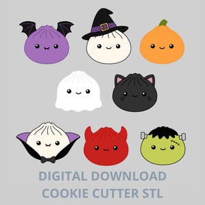 Peut inclure: Un ensemble de huit illustrations numériques de boulettes sur le thème d'Halloween, incluant une chauve-souris violette, une sorcière, une citrouille orange, un fantôme blanc, un chat noir, un vampire, un diable rouge et un monstre vert. Texte : DIGITAL DOWNLOAD COOKIE CUTTER STL.