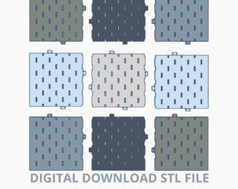 May include: Nine square pegboard tiles in various shades of blue, gray, and green, each with a pattern of small, evenly spaced rectangular holes. The text "DIGITAL DOWNLOAD STL FILE" and "A1 MINI Endless Ikea Skadis Style Pegboard" are displayed below the tiles.