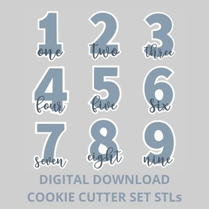 May include: A set of nine blue cookie cutters shaped like numbers 1 through 9. Each cutter has the number and the word for the number written below it. The text at the bottom of the image reads "DIGITAL DOWNLOAD COOKIE CUTTER SET STLS".